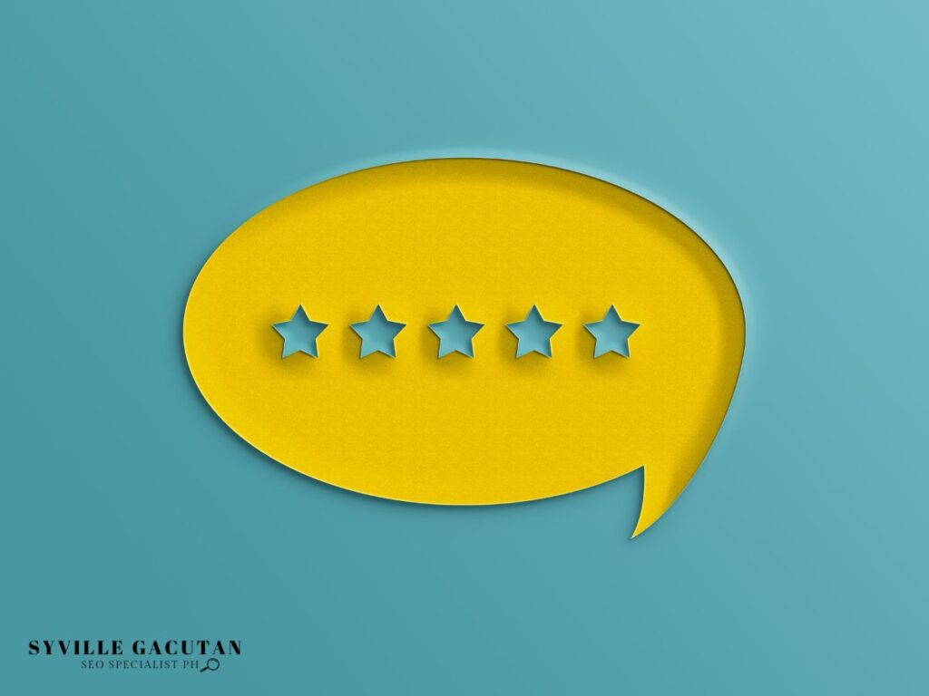 Yellow speech bubble with five blue stars on a teal background.