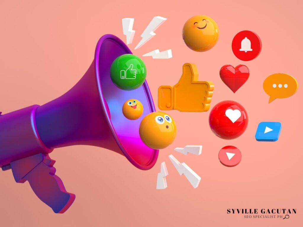 Megaphone with social media icons and reactions floating around.
