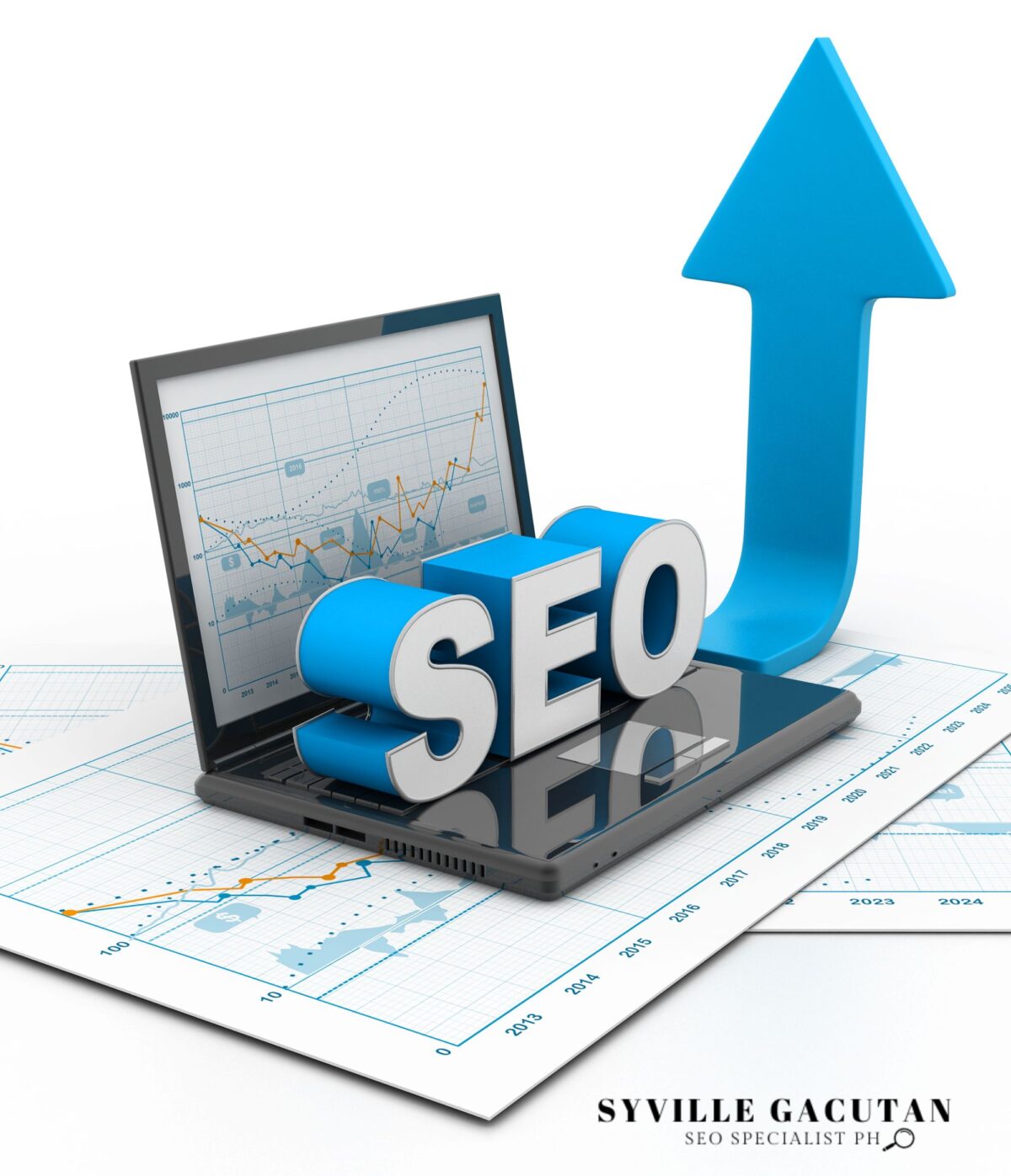 SEO text and blue arrow on a laptop with graphs.
