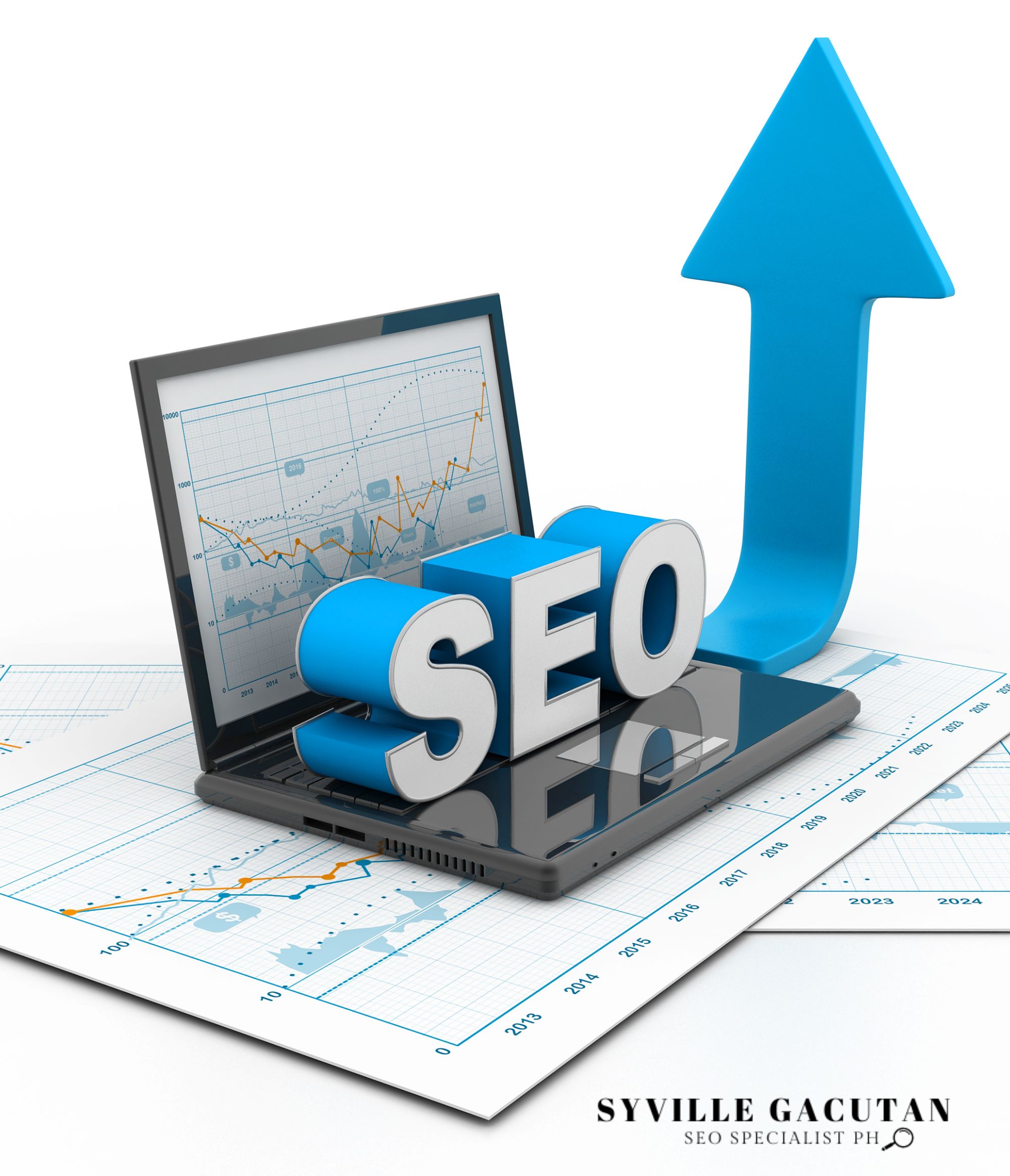 SEO text and blue arrow on a laptop with graphs.