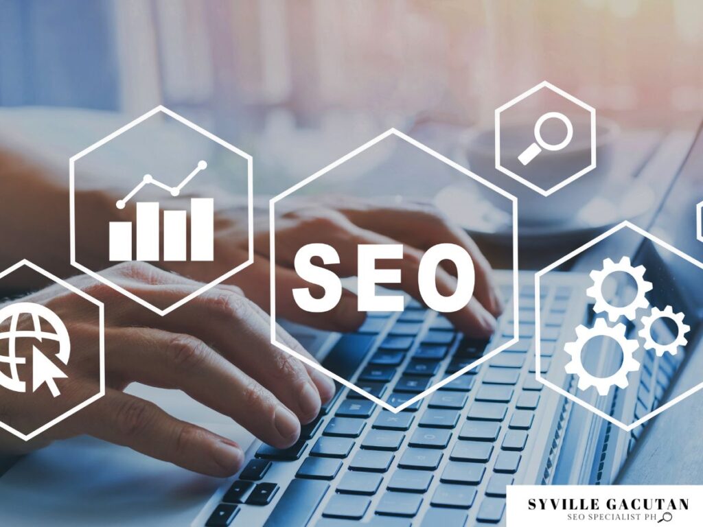 Typing on a laptop with SEO icons and analytics overlay.