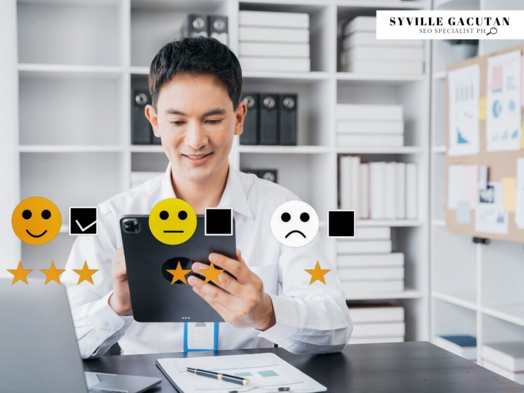 Professional reviewing customer feedback ratings with emoji icons and stars in office setting.