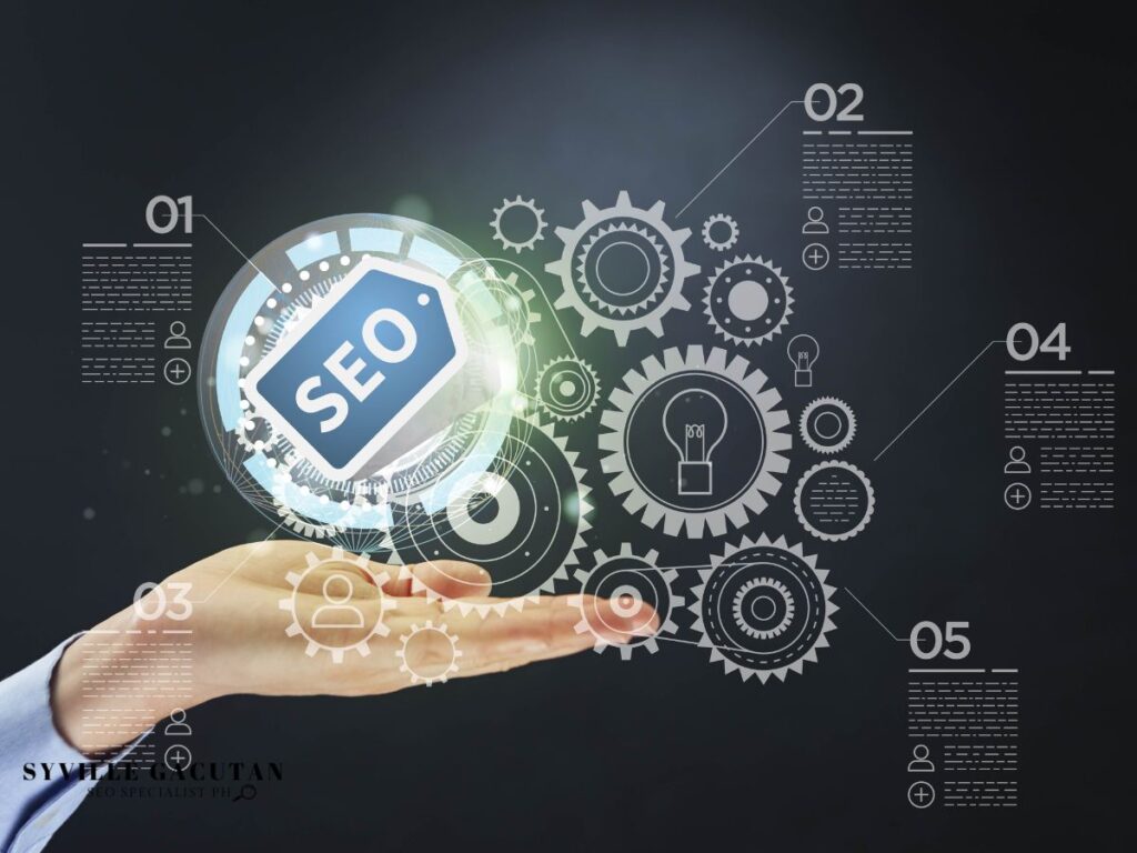 A hand holding a holographic SEO gear mechanism.
