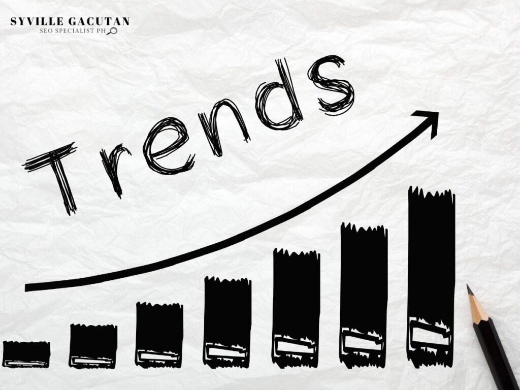 Hand-drawn ascending bar graph with "Trends" text and upward arrow on white paper.