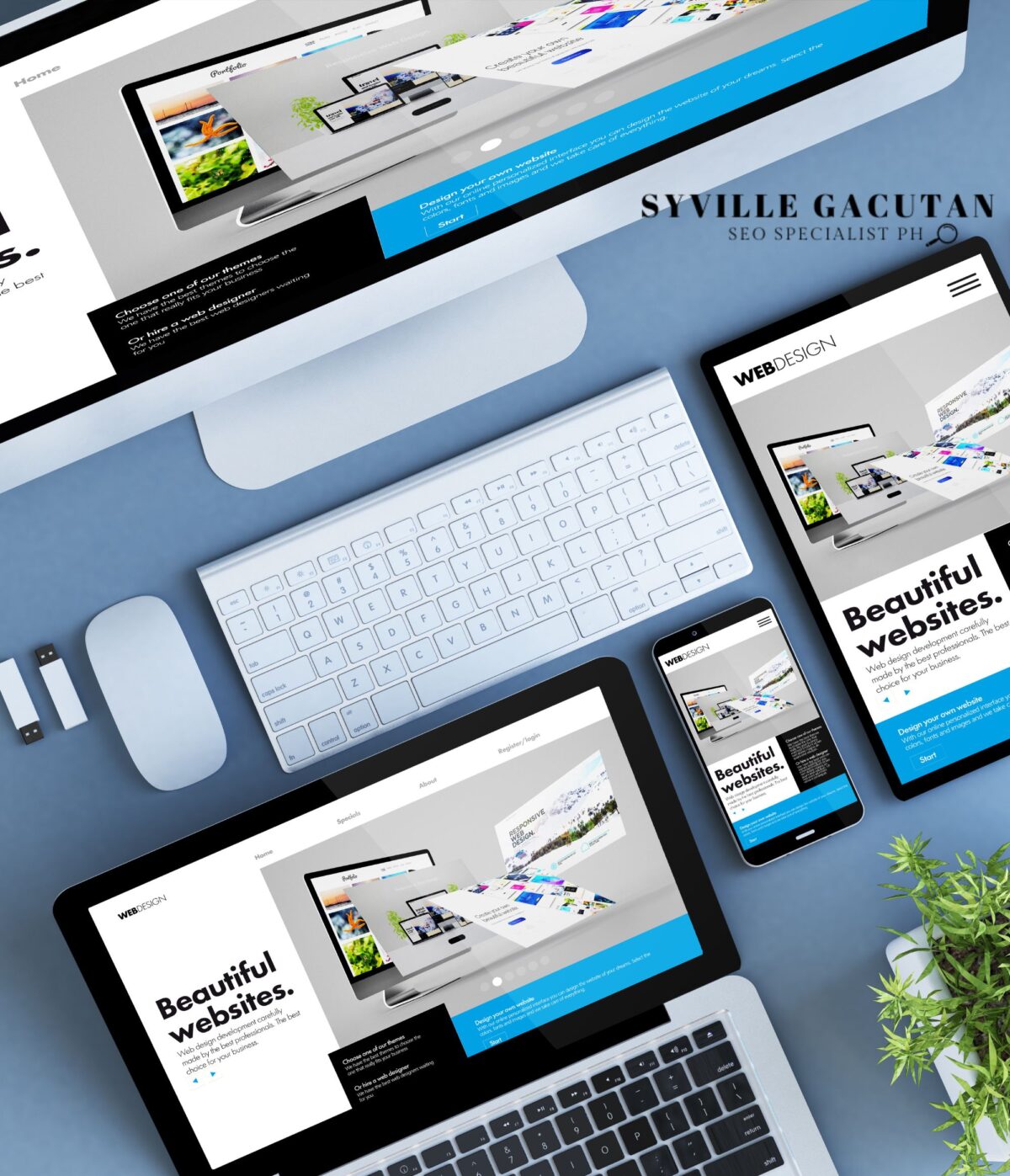 Various devices showcasing website design templates.