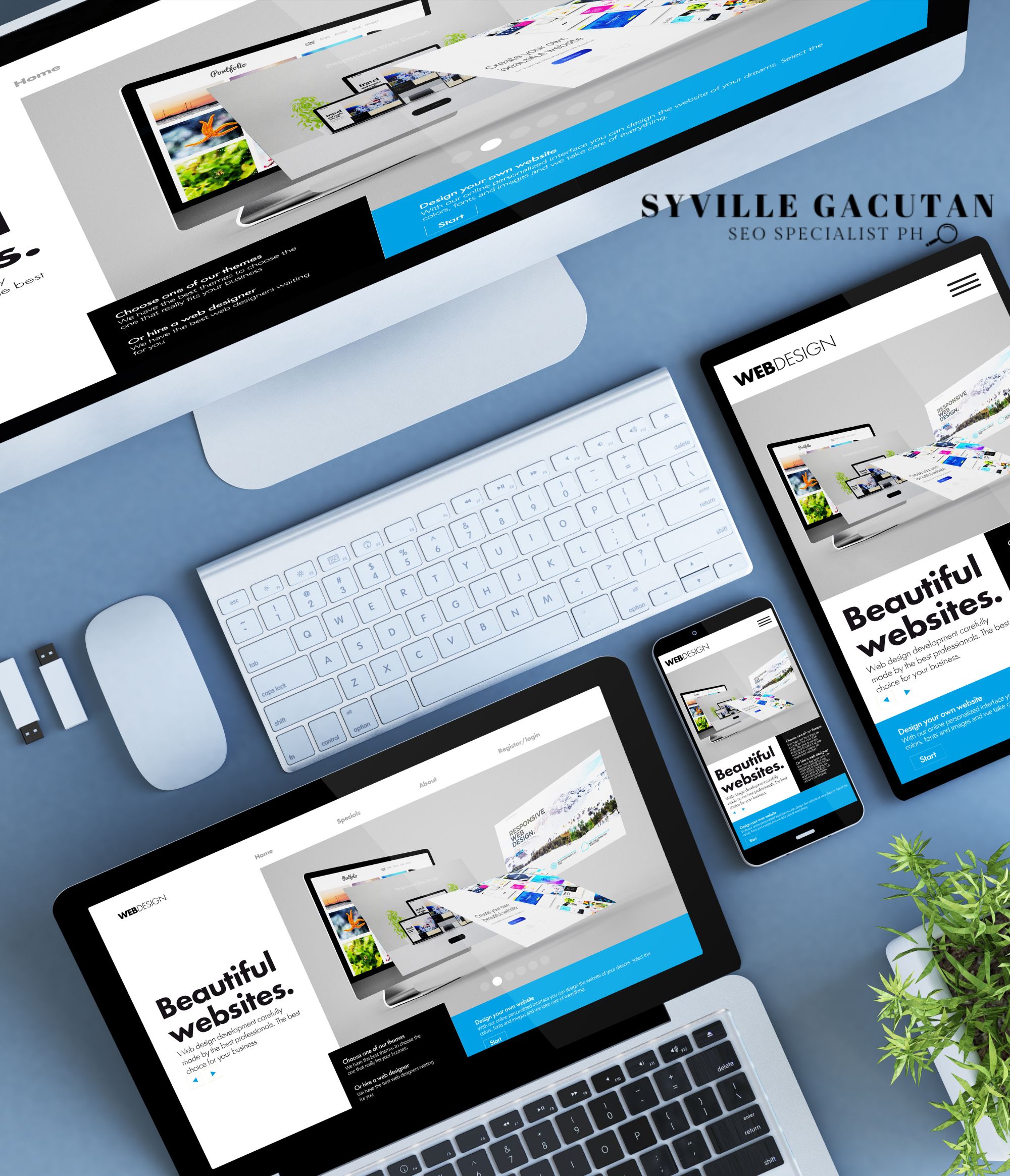 Various devices showcasing website design templates.