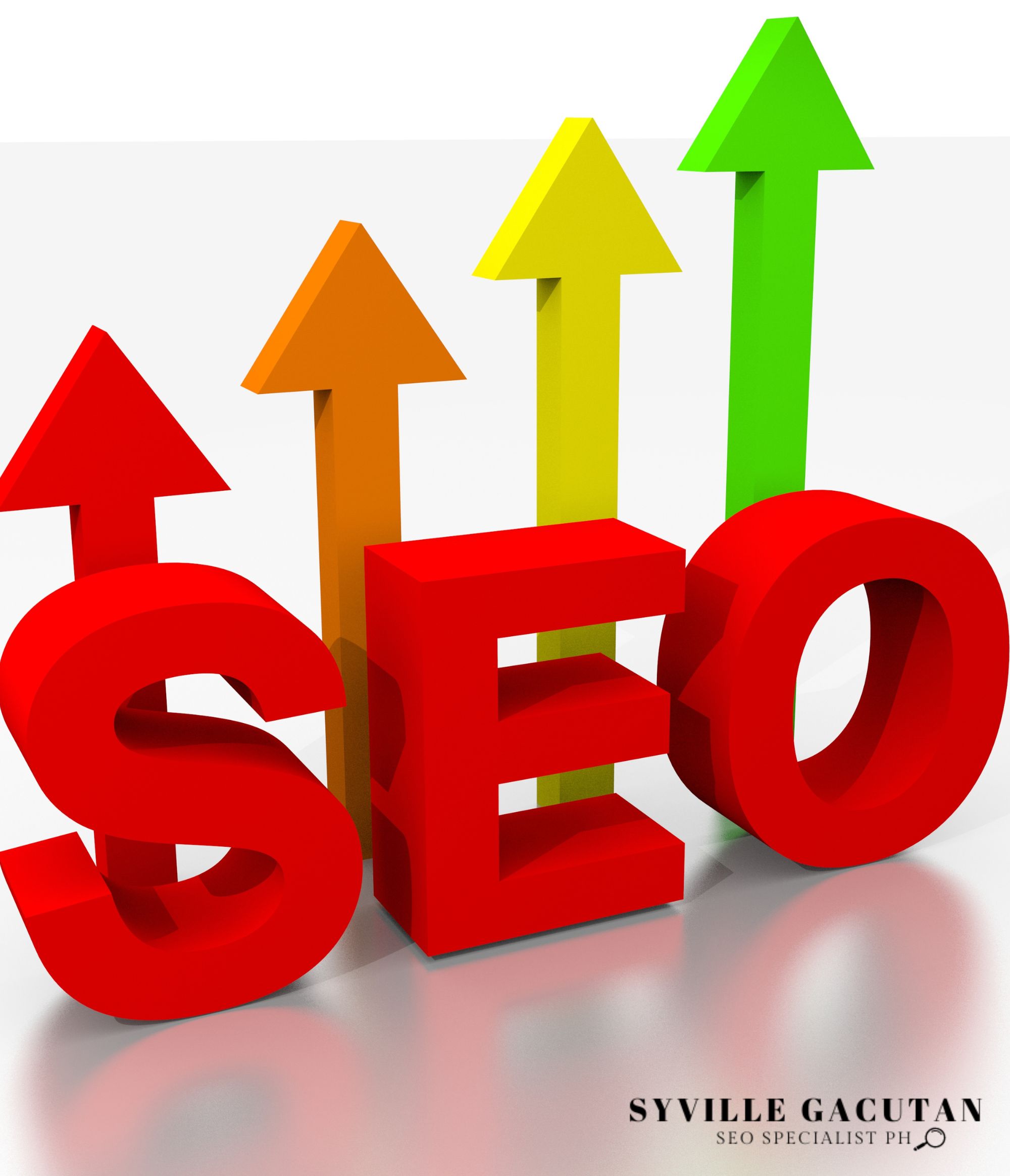 A 3D graphic showing "SEO" text in red with ascending arrows in red, orange, yellow, and green.