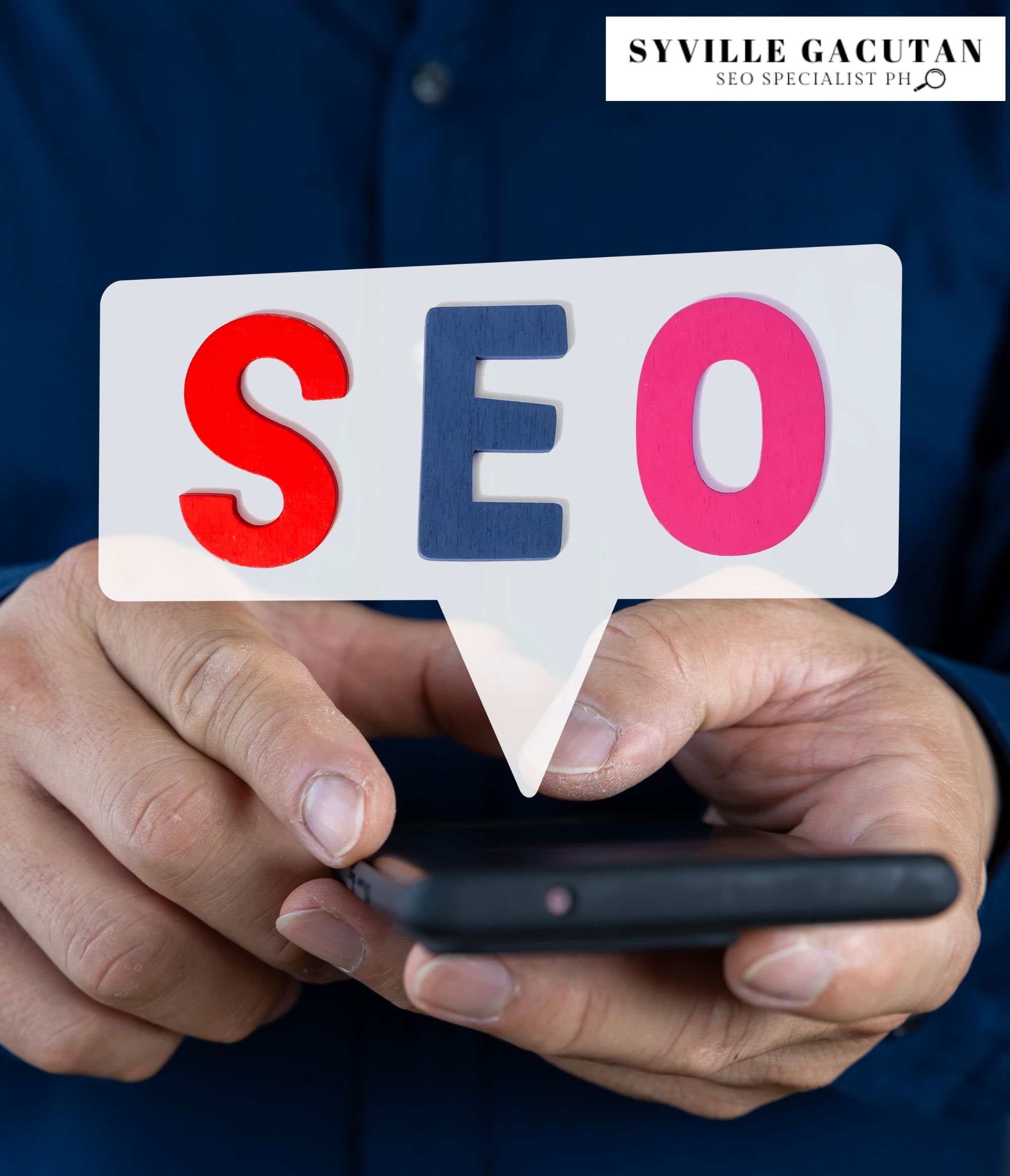 A close-up shot of hands holding a phone with a white speech bubble displaying "SEO"