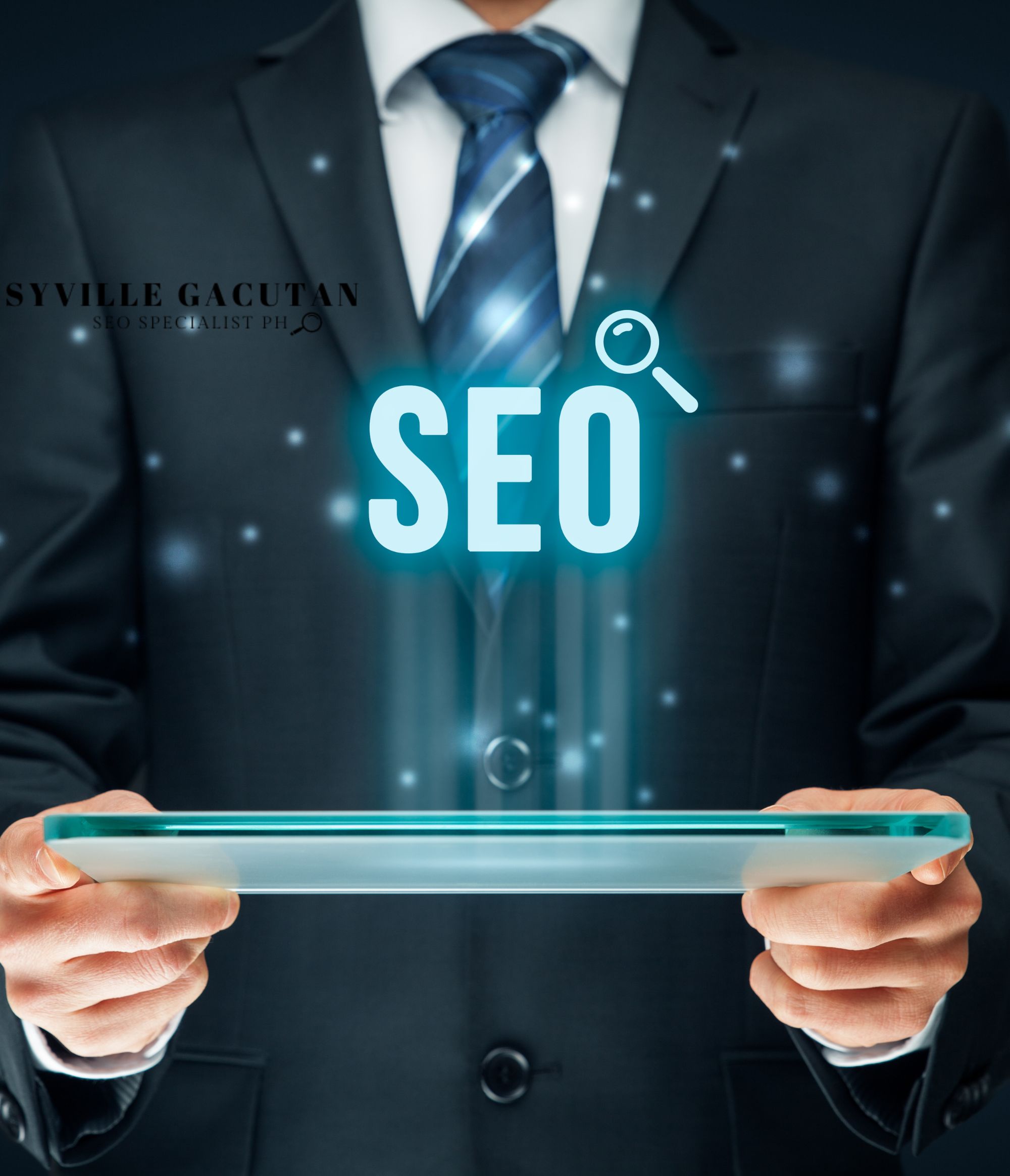 Person holding a glowing tablet with 'SEO' text floating above.