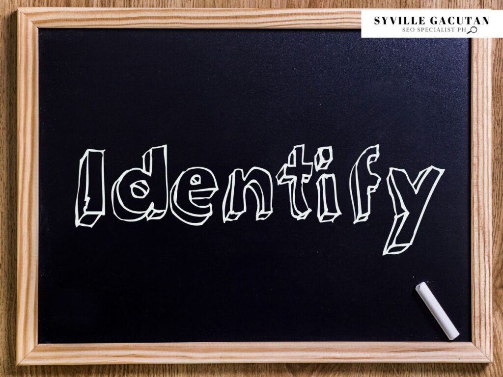 "Identify" text written in white chalk on black board with wooden frame.