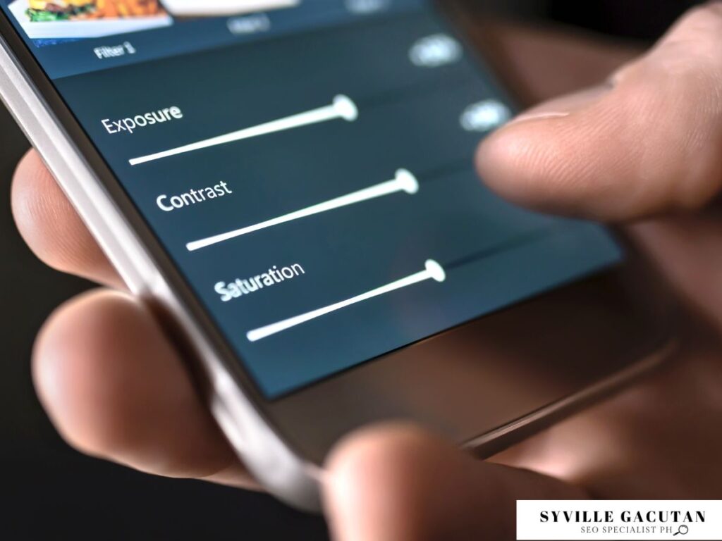 Smartphone screen showing sliders for exposure, contrast, and saturation.