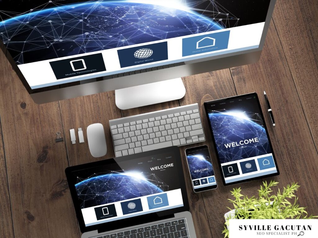 Multiple devices displaying a website with "Welcome" text.