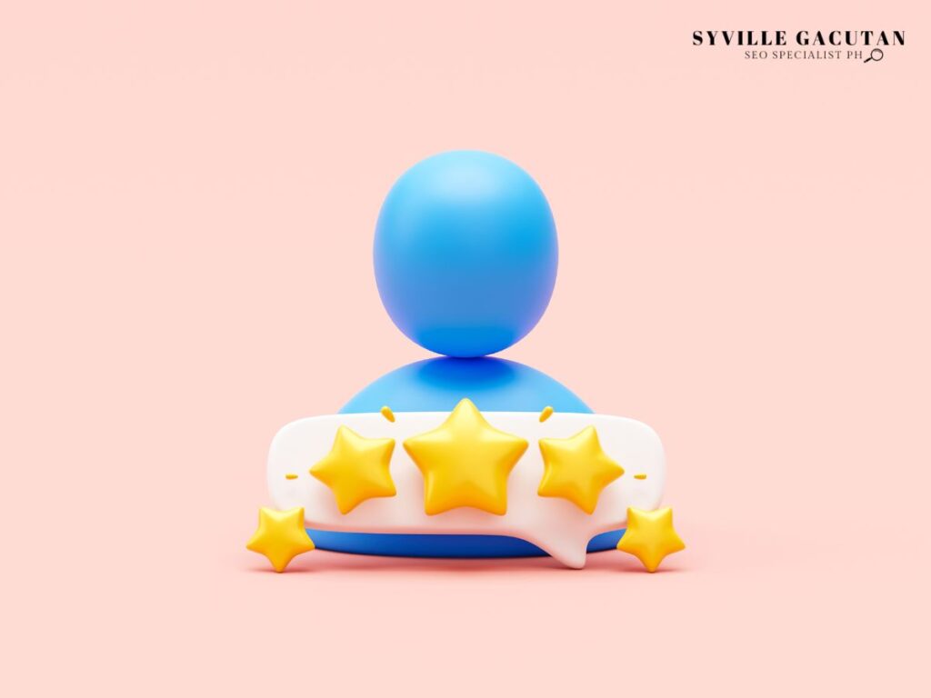 3D illustration of blue avatar figure with five golden stars on pink background.