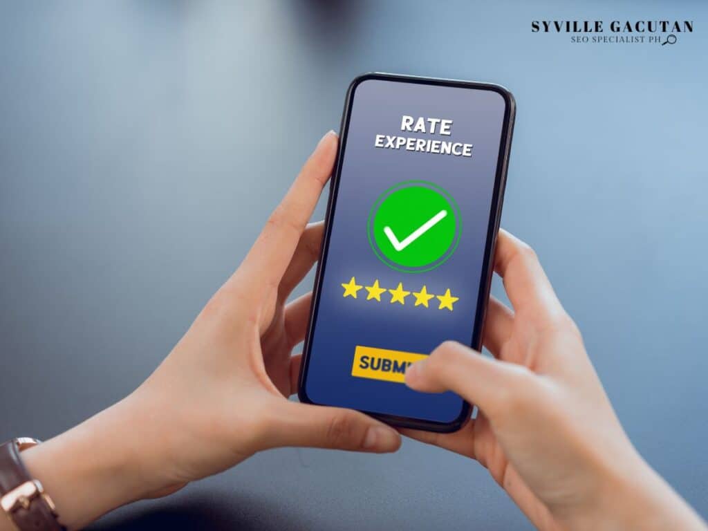 Phone screen showing a five-star rating with "Rate Experience" and a submit button.