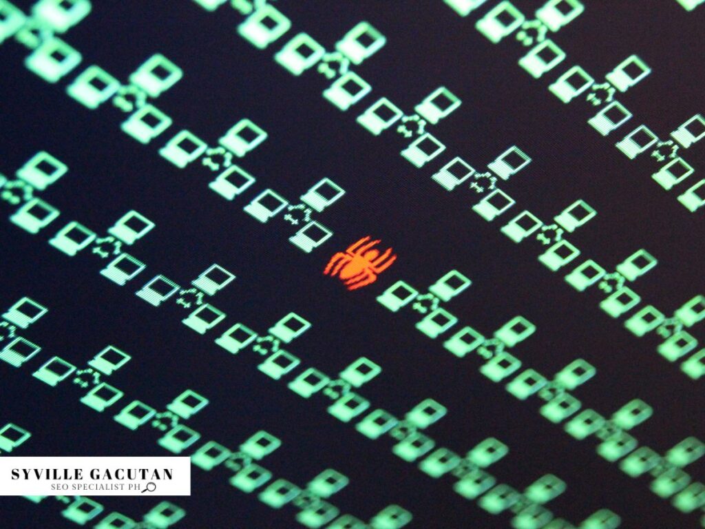 Green digital pattern with orange spider icon in center against dark background.