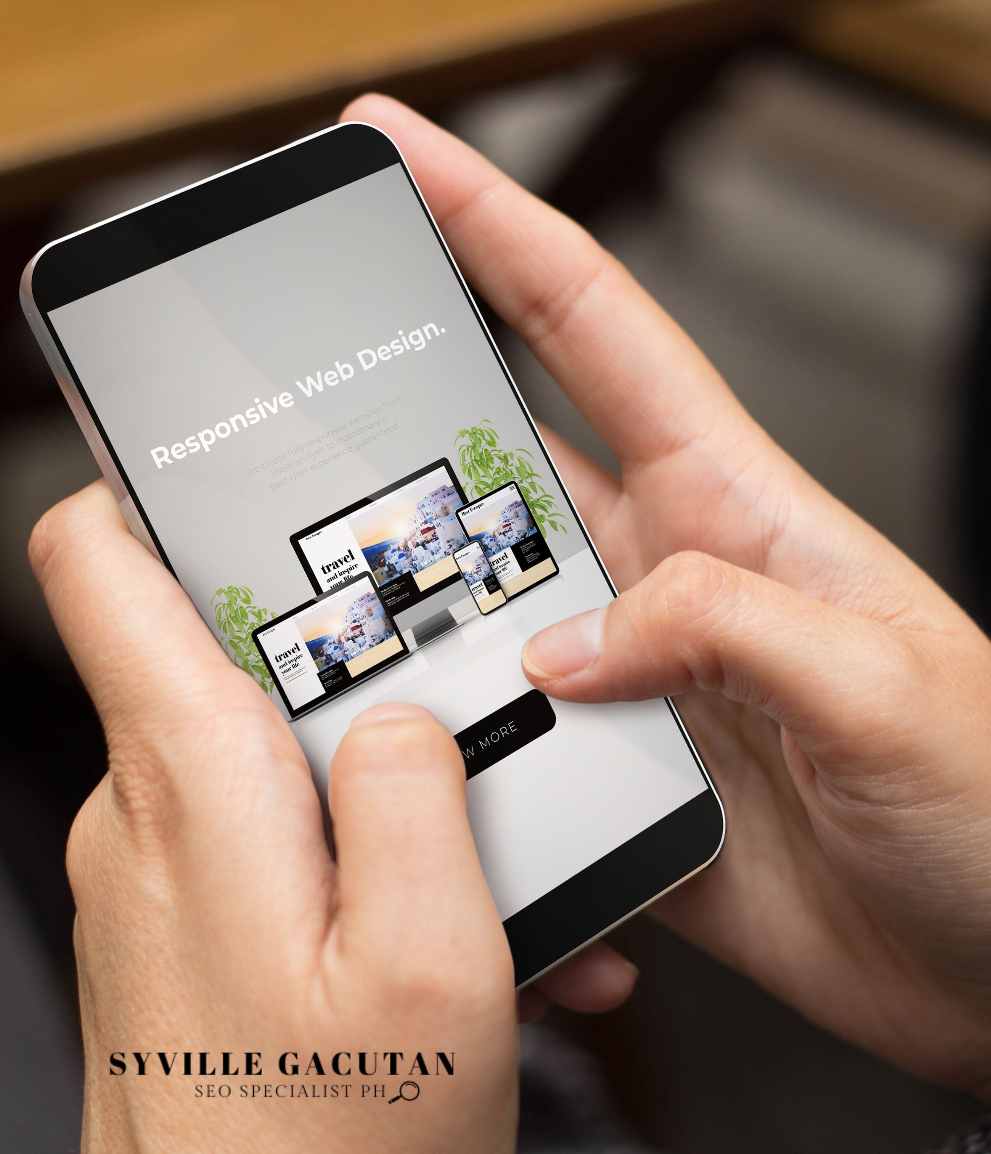 Phone displaying 'Responsive Web Design' with device mockups
