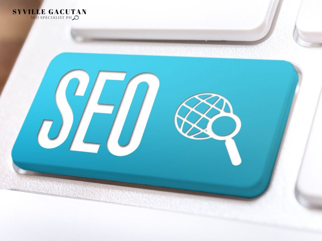 Keyboard key labeled "SEO" with a globe and magnifying glass icon.