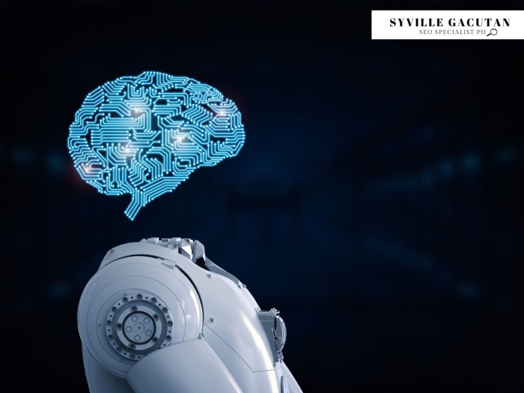 Glowing blue circuit brain above robotic head.