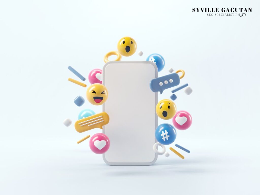 Smartphone surrounded by colorful emojis, hashtags, and speech bubbles on a light background.