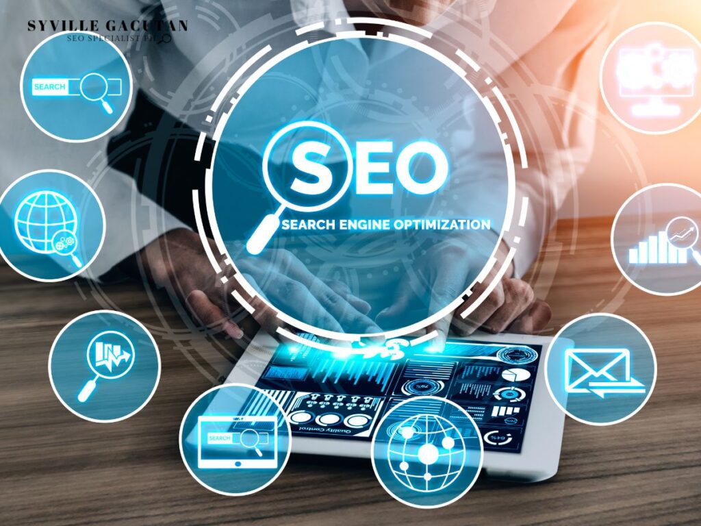 Tablet with various SEO icons and analytics displays.