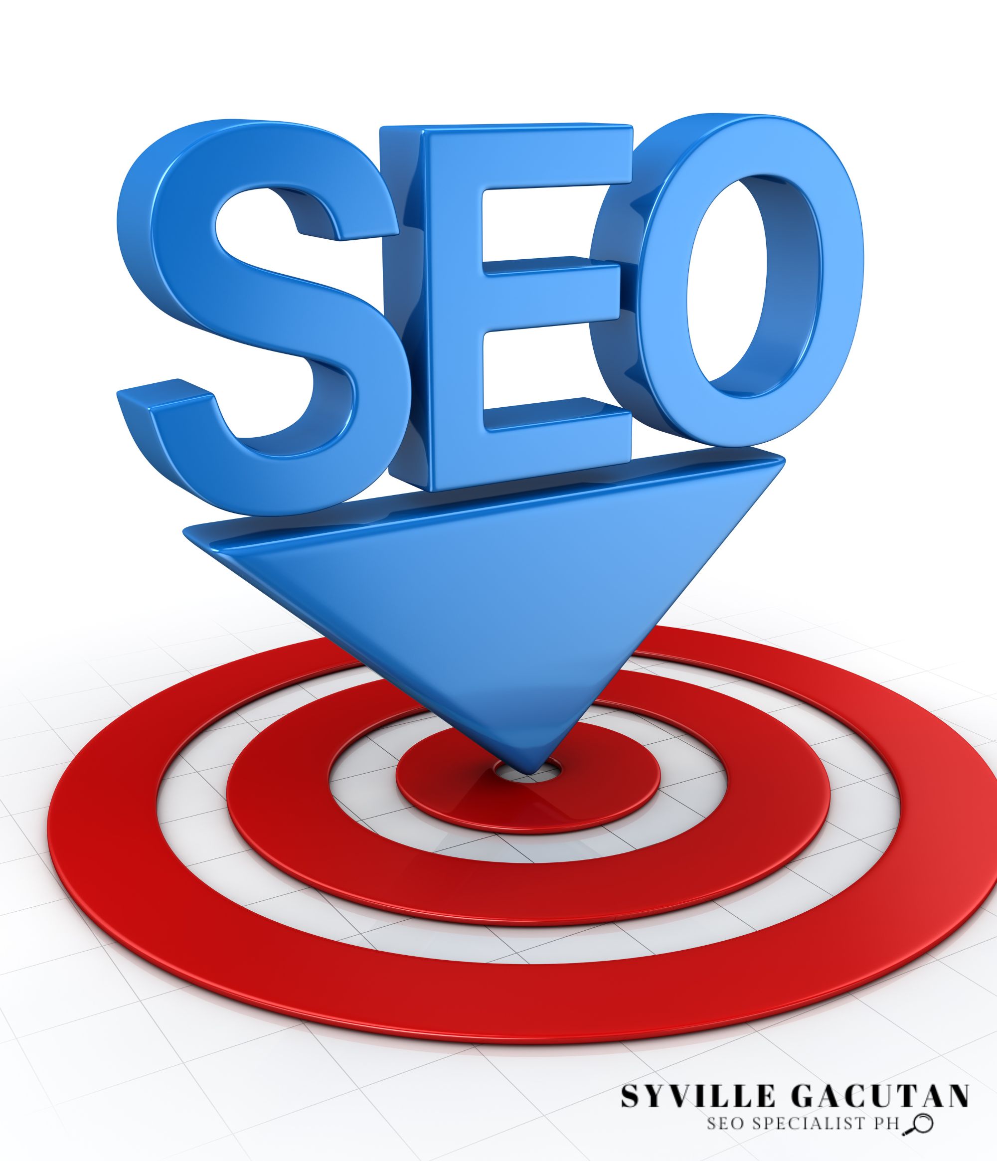 "SEO" in bold blue above a red target with a downward arrow on a white background.