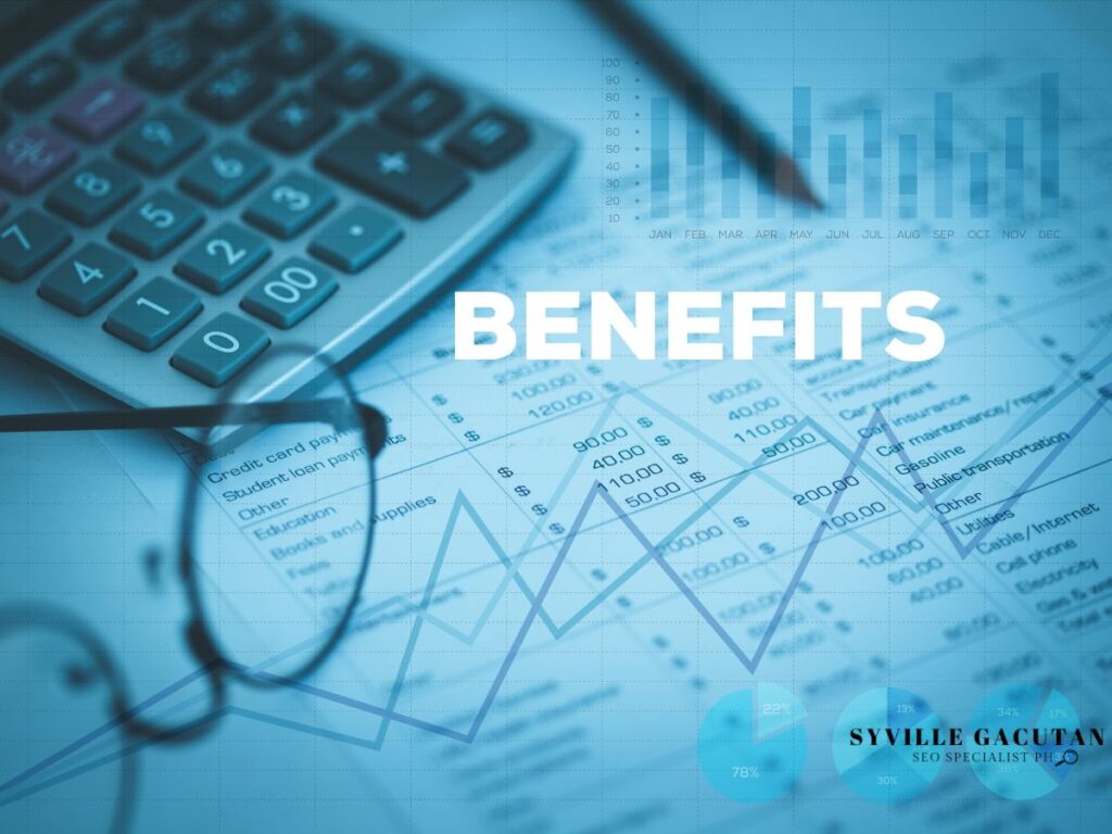  "Benefits" text overlaid on financial documents with a calculator