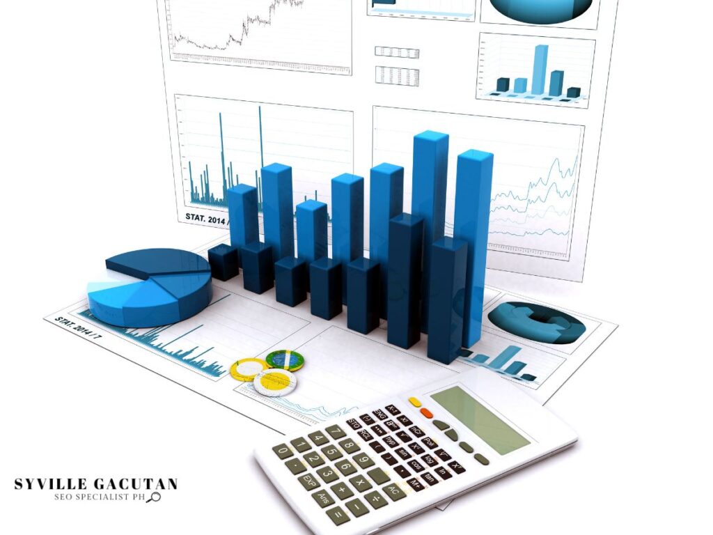 Calculator and 3D bar and pie charts with data sheets and graphs.