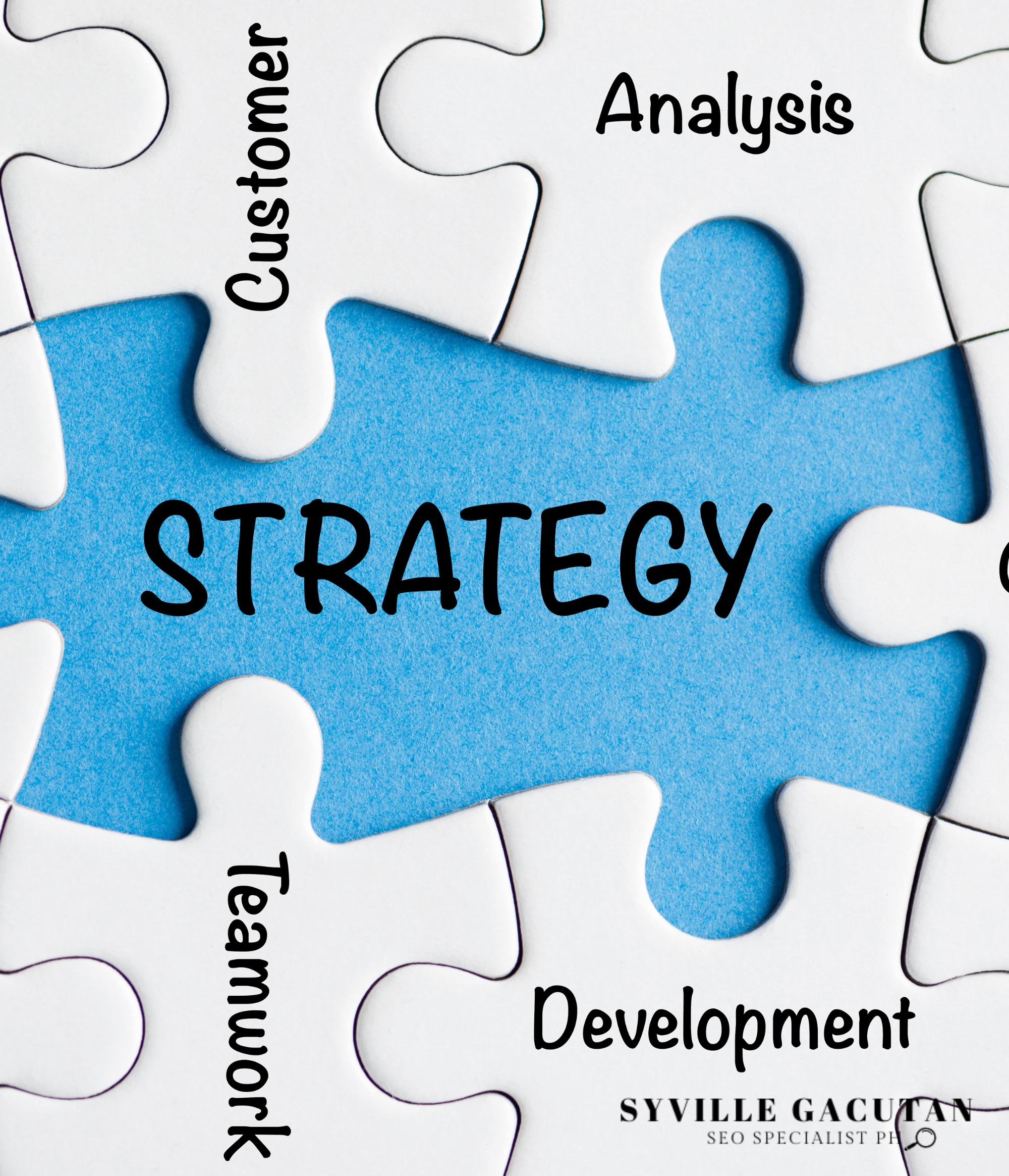 Puzzle pieces with "Strategy" and related keywords.