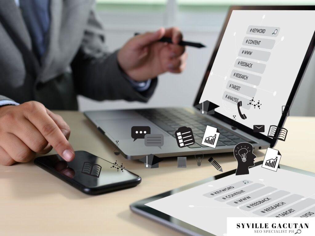 Person pointing at laptop screen with keyword analysis visuals.