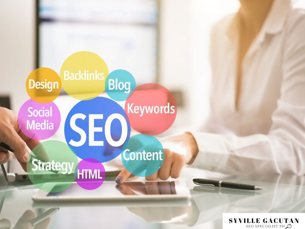SEO bubble diagram highlighting keywords, content, and strategy.