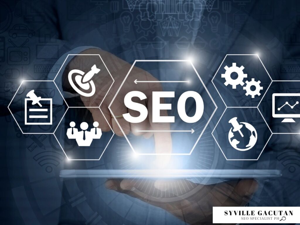Person touching a tablet screen with SEO icons overlayed.