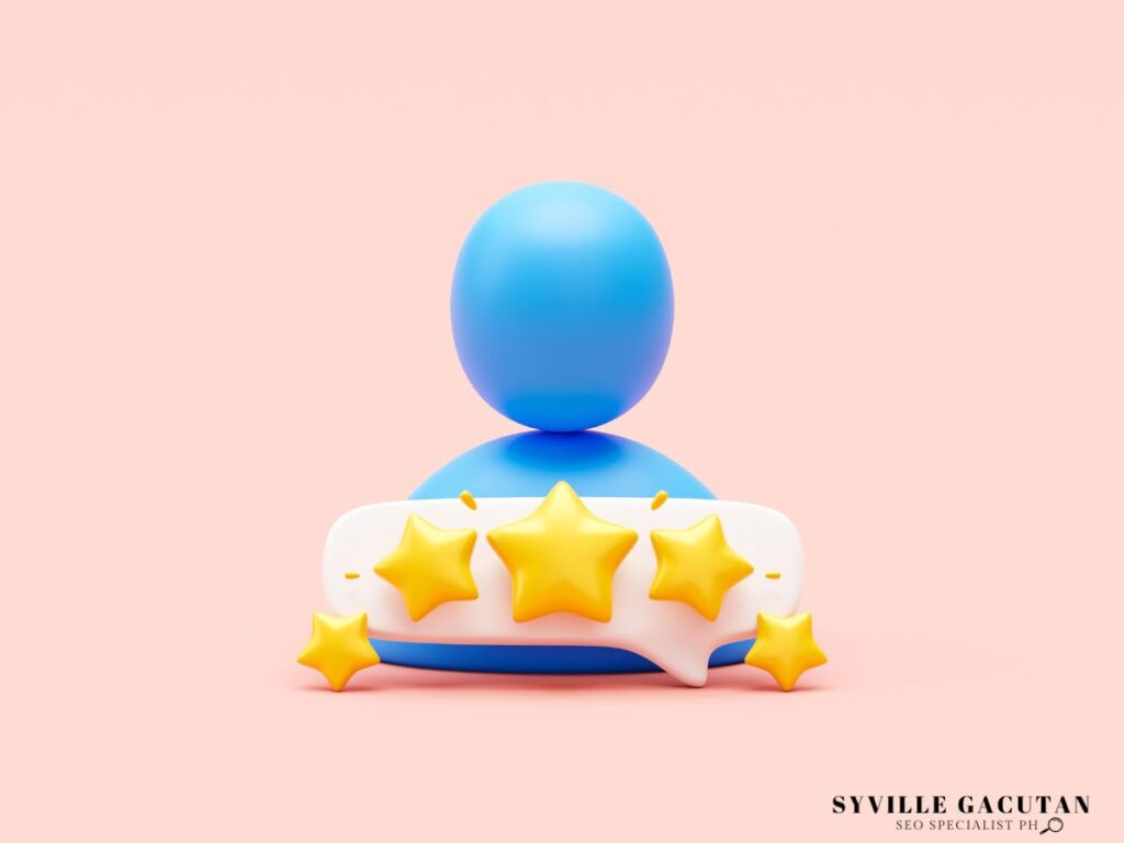Blue 3D figure with five golden stars on white banner against pink background.