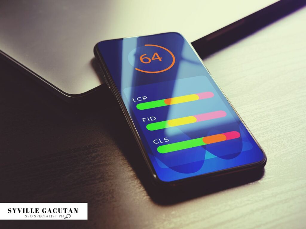 Smartphone screen showing performance metrics with colorful bars for LCP, FID, and CLS, score of 64.