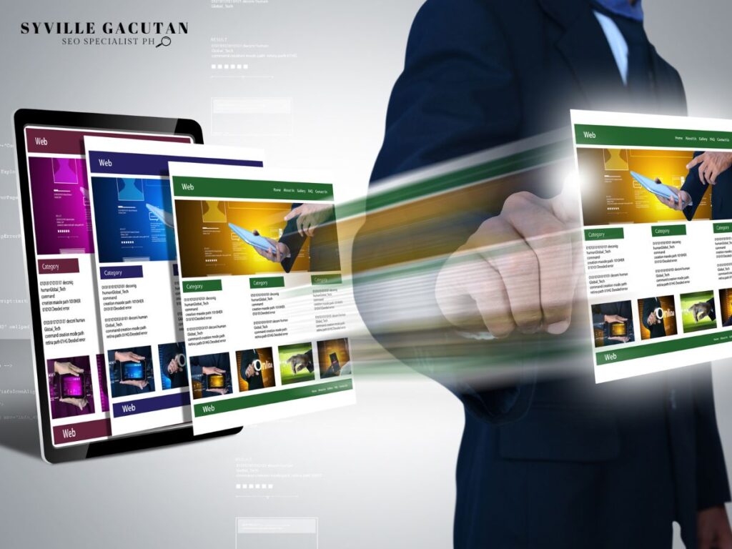 A businessman pointing to multiple web pages on a digital interface.