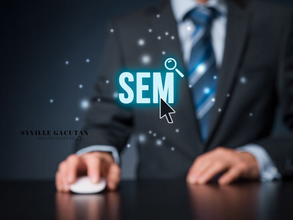 Businessman with "SEM" glowing and cursor hovering over it.