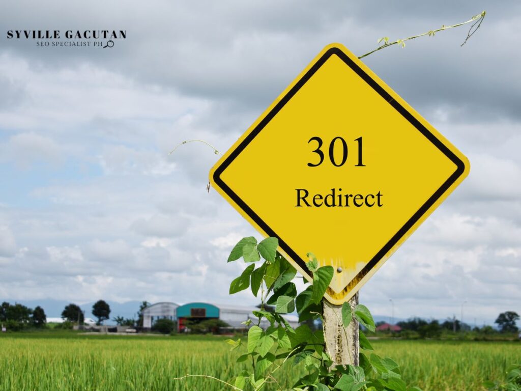 Yellow warning sign with "301 Redirect" text in rural field setting with cloudy sky.