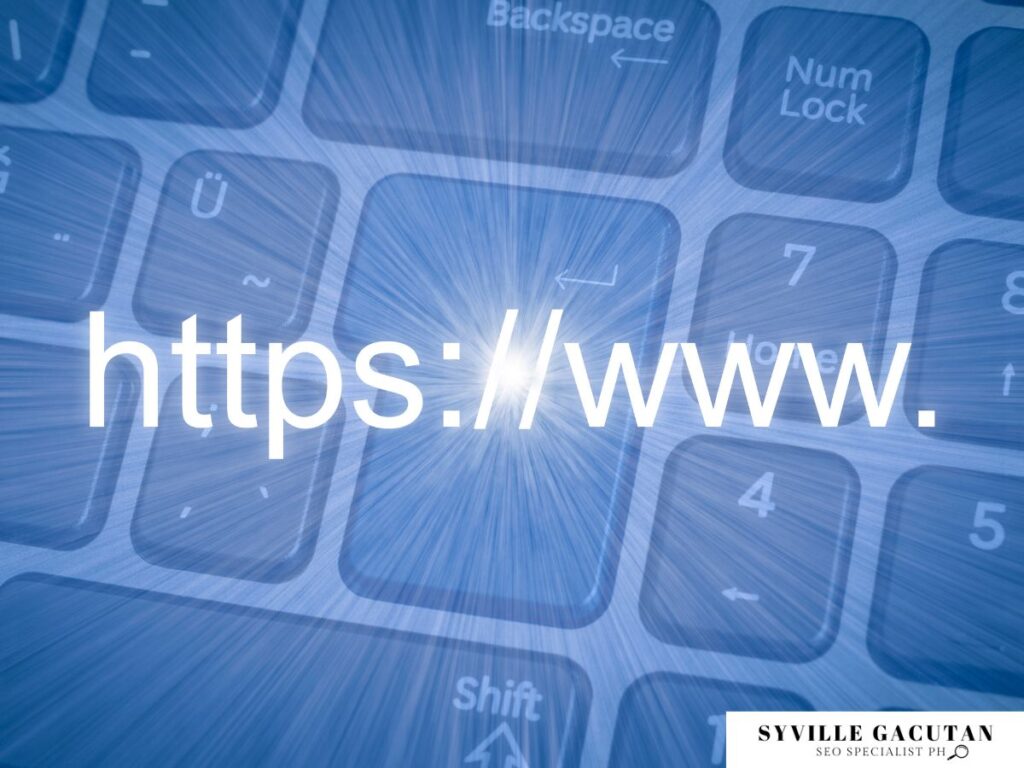 White "https://www" text overlaid on blue keyboard background with radial light effect.