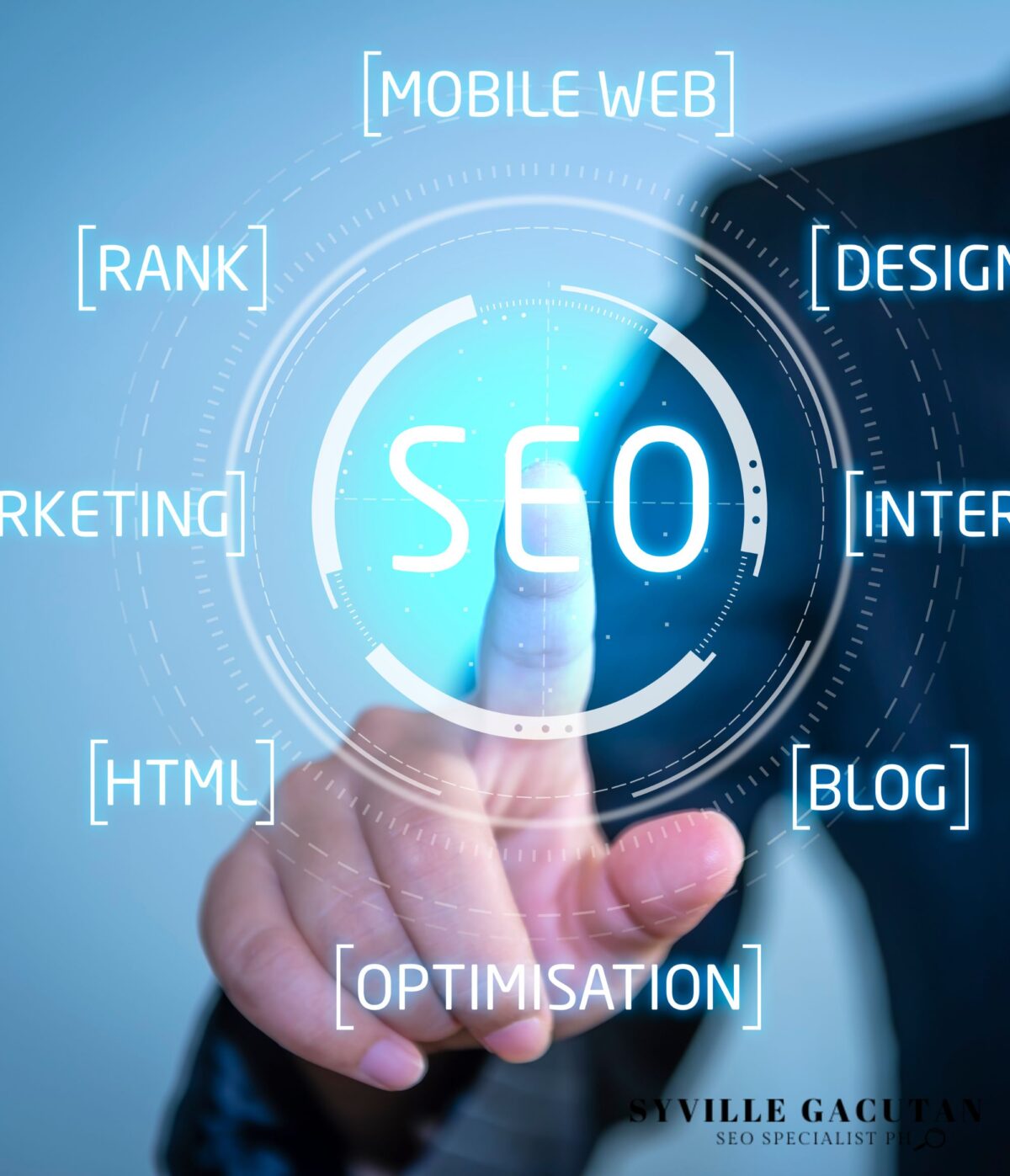 Finger pointing to a digital "SEO" interface surrounded by terms.