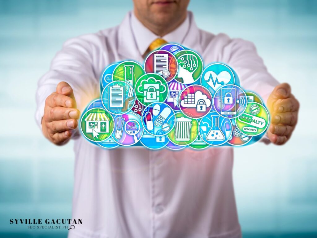 Person holding cloud icons representing various services.