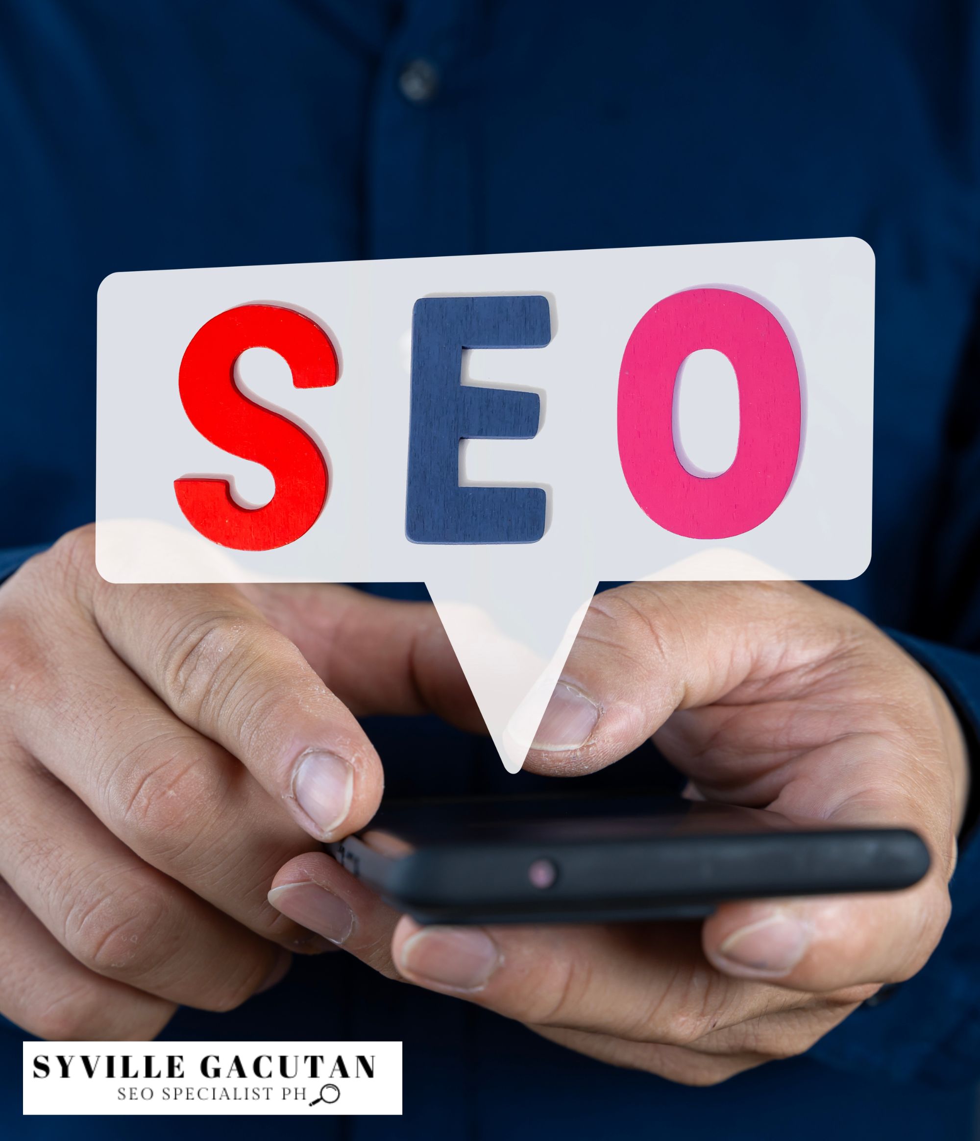 Close-up of hands with 'SEO' speech bubble on a smartphone.