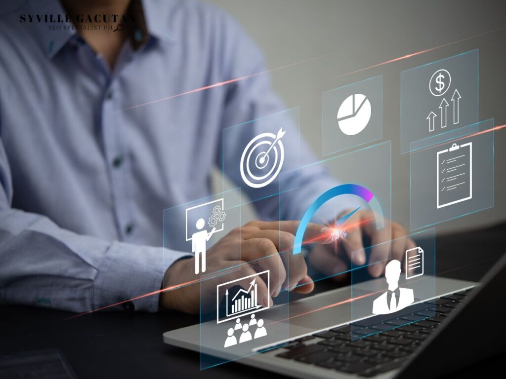 Person typing with overlayed icons of analytics and data visuals.