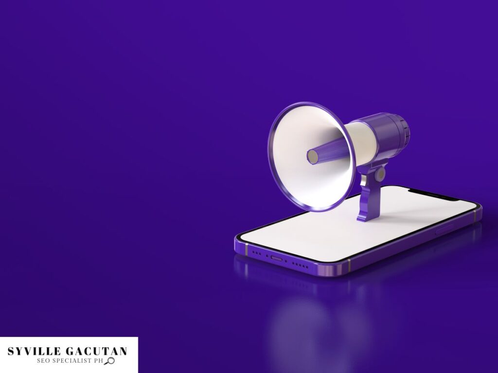 Megaphone on smartphone screen against a purple background.
