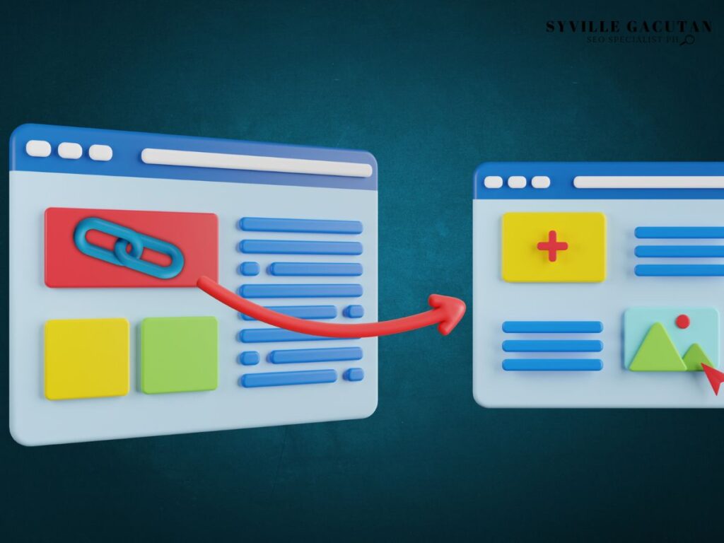Diagram of webpage linking with arrows to another webpage.