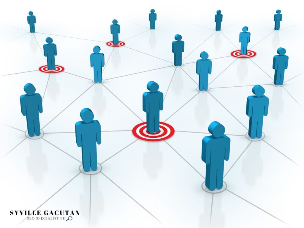 Blue figures on a network grid with red target circles.