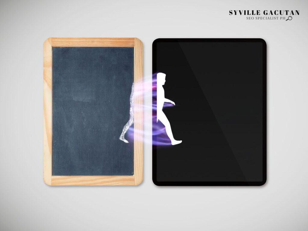 White silhouette figure stepping through chalkboard to digital screen with purple light effect.