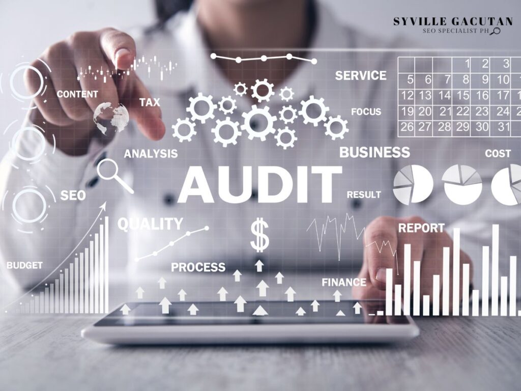 Digital audit concept with icons, graphs, and business metrics overlaid on tablet screen.