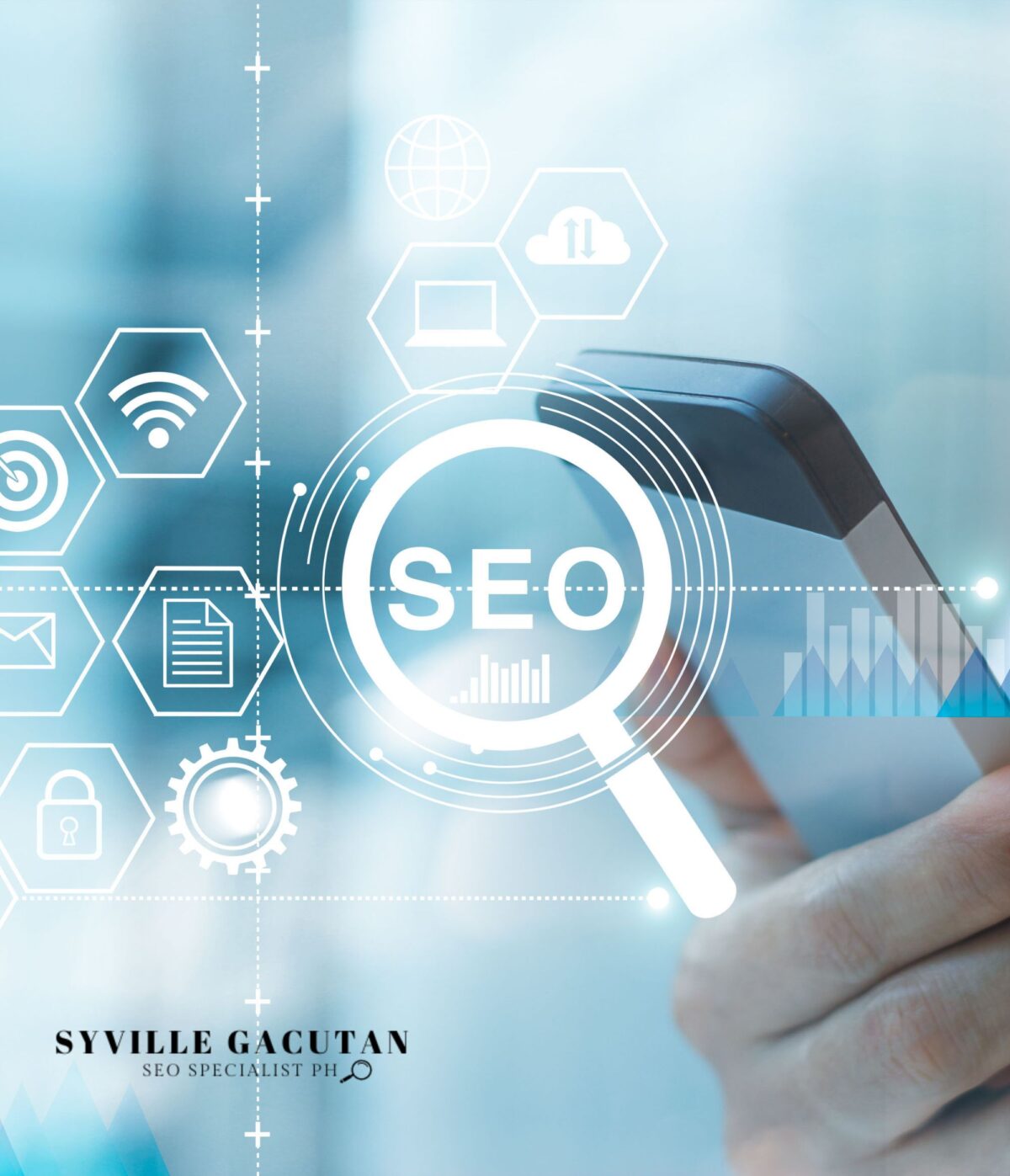 Hand holding smartphone with SEO icons overlayed.