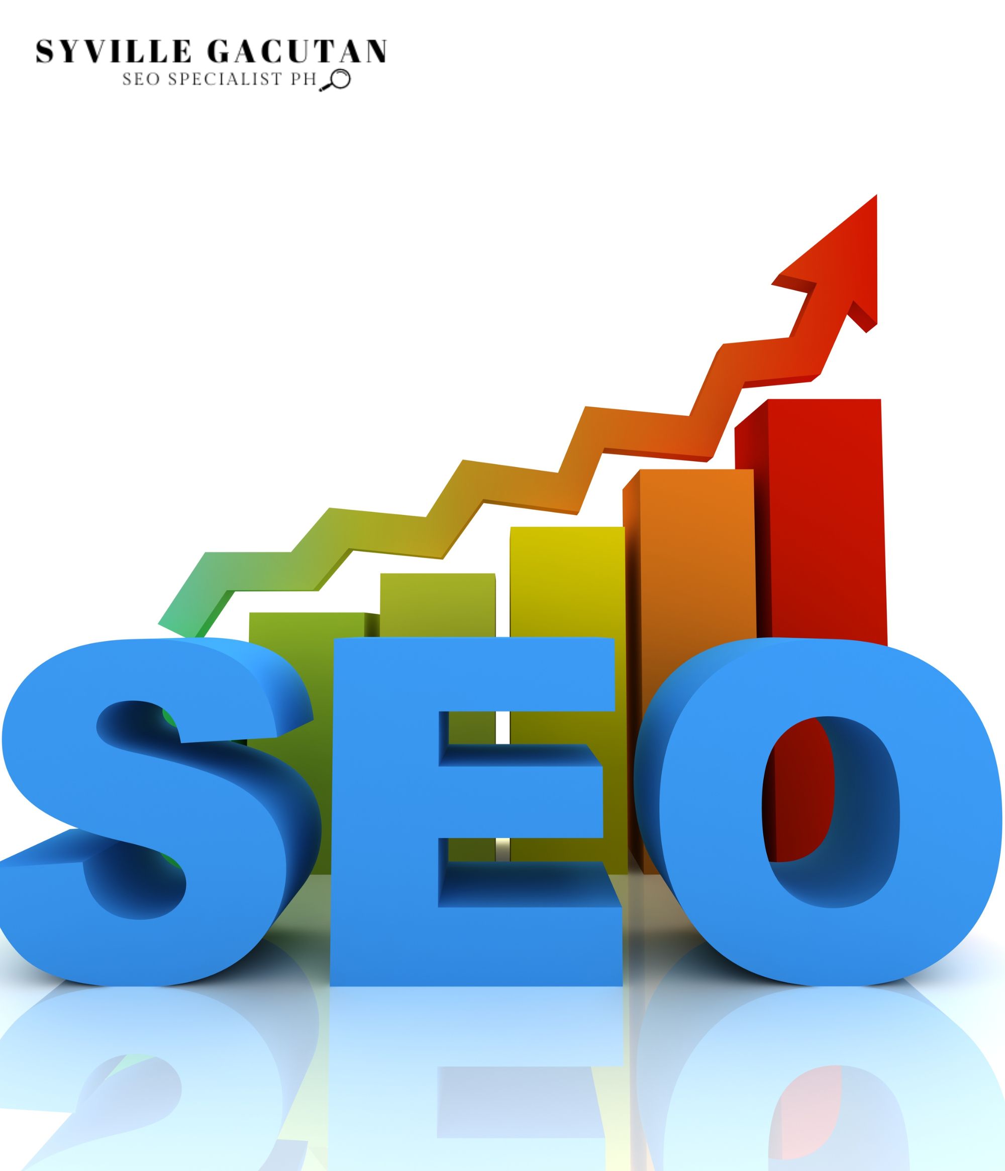 3D blue "SEO" text with ascending colorful bar graph and arrow.