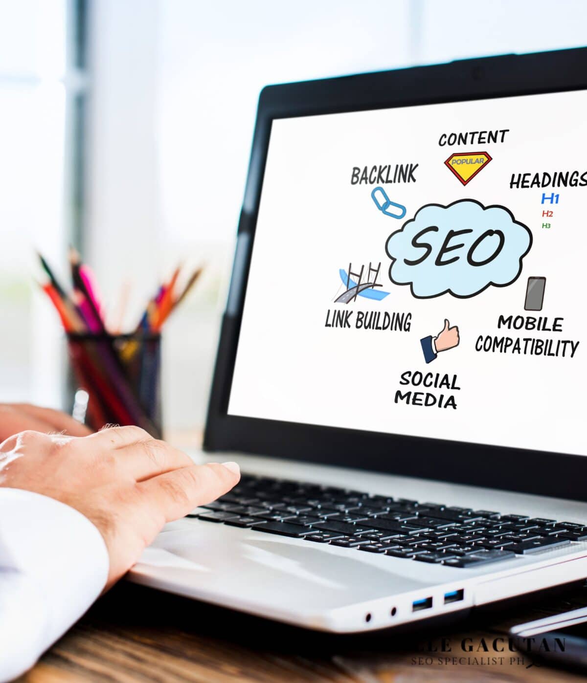Laptop screen showing SEO terms in a mind map layout.