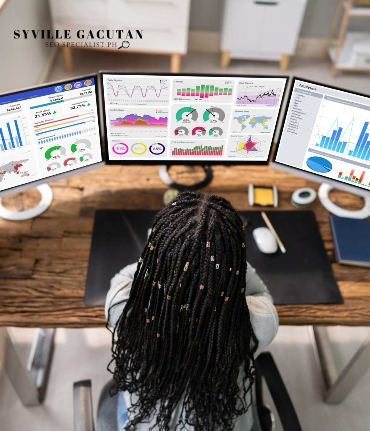 Woman at a desk analyzing multiple monitors displaying data.